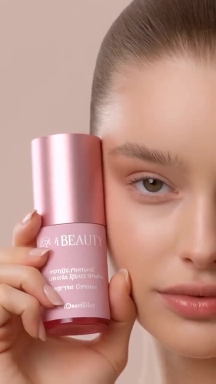 Modelo segurando um frasco rosa junto ao rosto