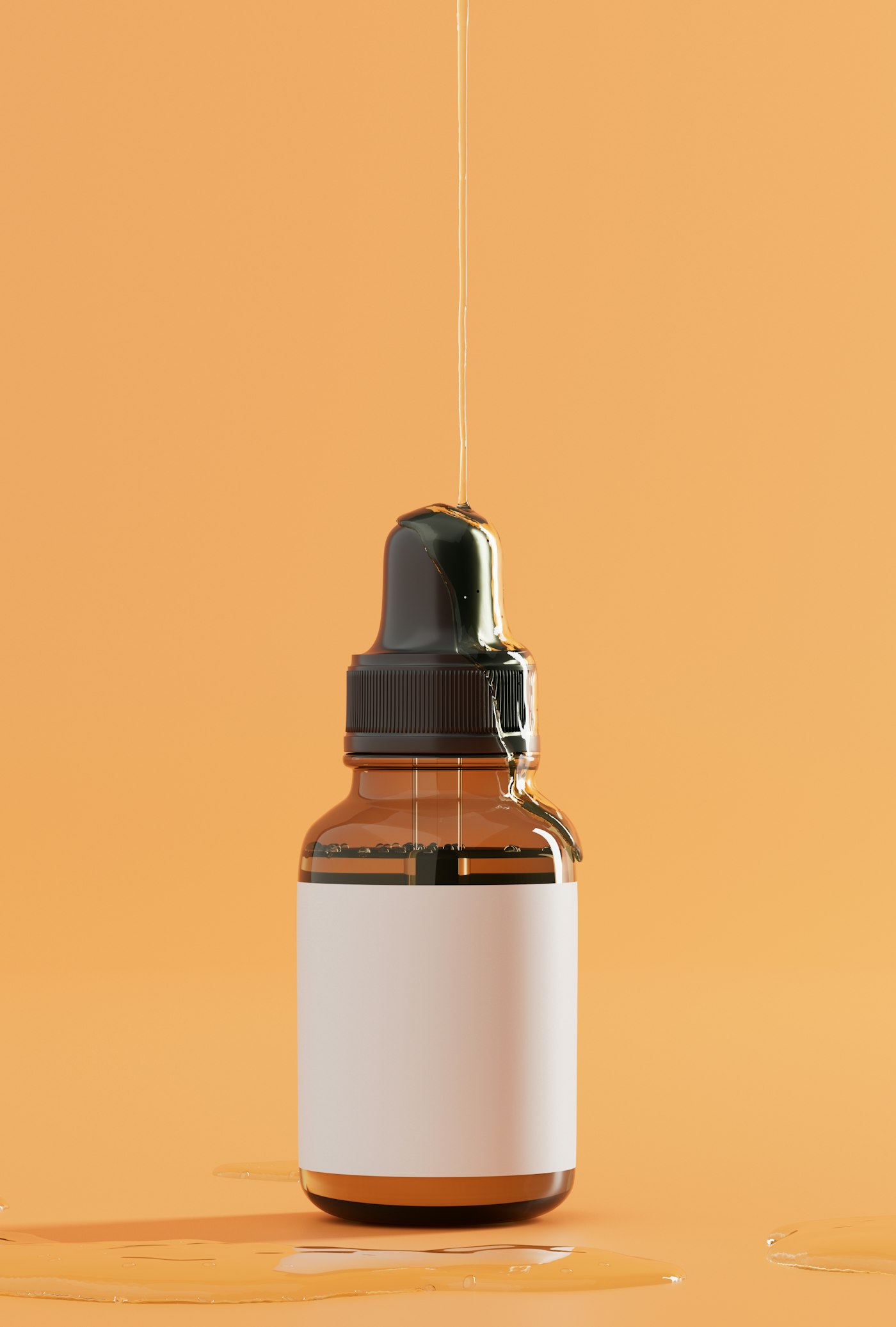 Frasco de sérum com conta-gotas sobre fundo amarelo